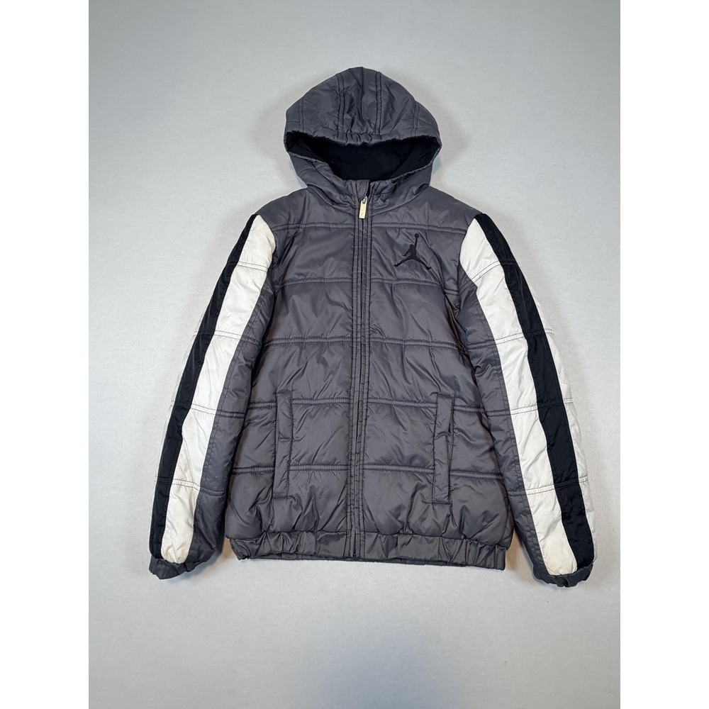 Jordan Jacket Kids 10-12 Gray Hooded Puffer Fleece Lined Colorblock Jumpman Logo